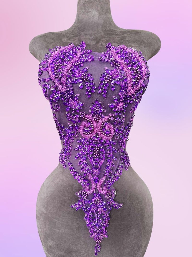 ArtistryXB Handmade Rhinestones Lace Bodice Applique Sew on Beads Sequins Trimming Patches for Dress Clothing Accessories 1Pcs/Bag (Purple) - Image 2